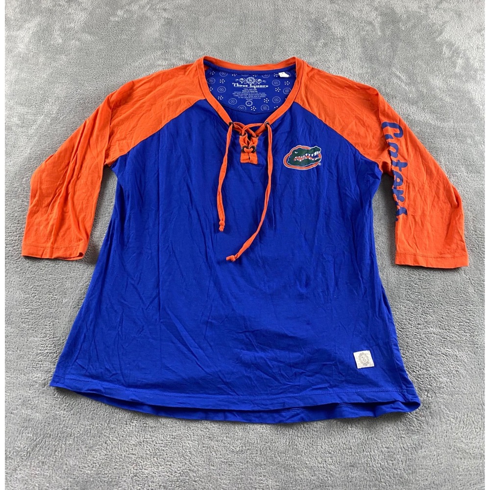 Three Square Florida Gators Lace Up Raglan T-Shirt Blue Orange Womens L 3/4 Slv